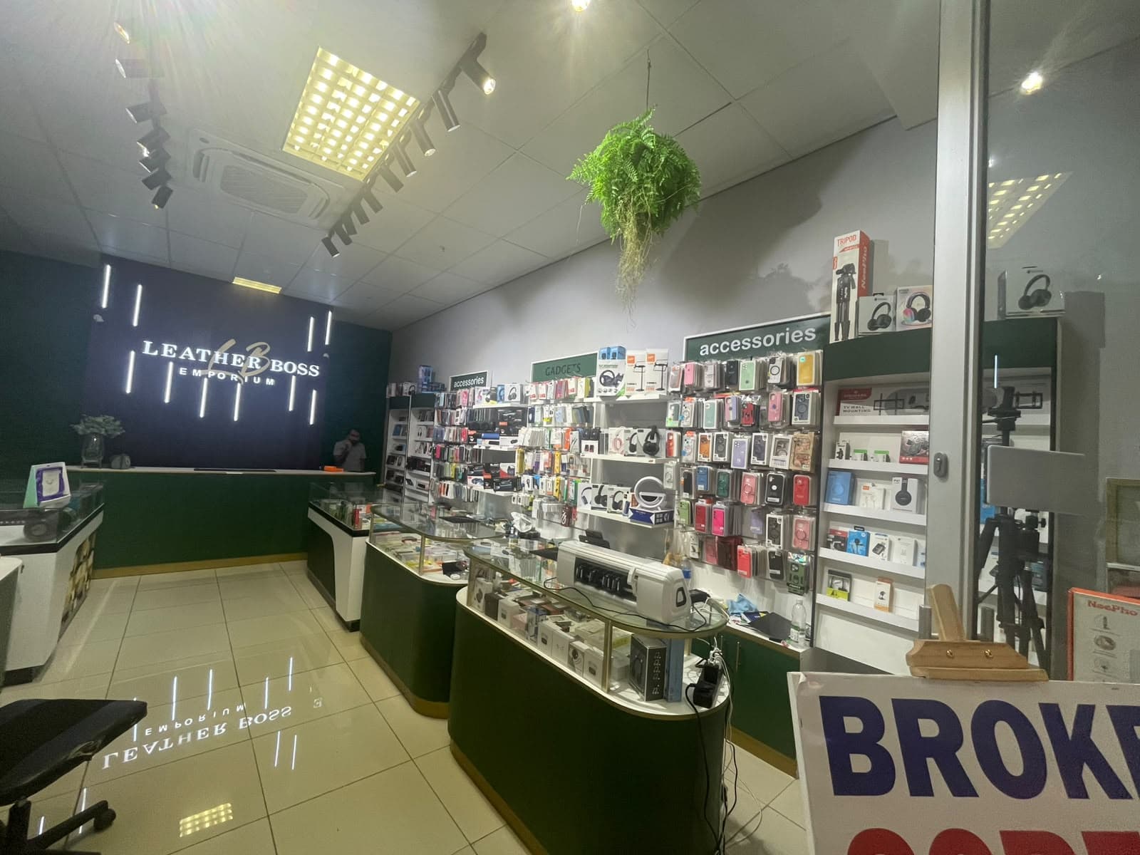 Mobile phone cases, chargers and accessories displayed in store