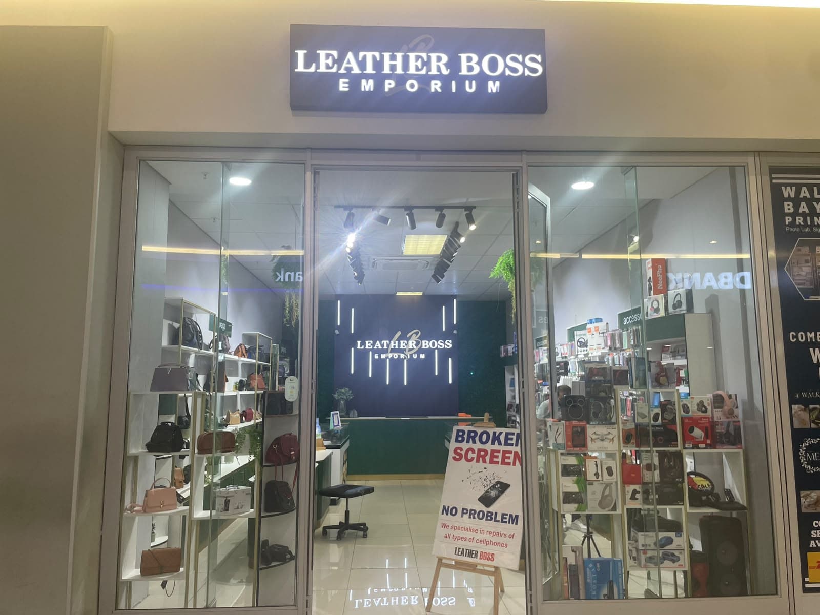 Front entrance of Leather Boss & Cell Phone at Baywest Mall